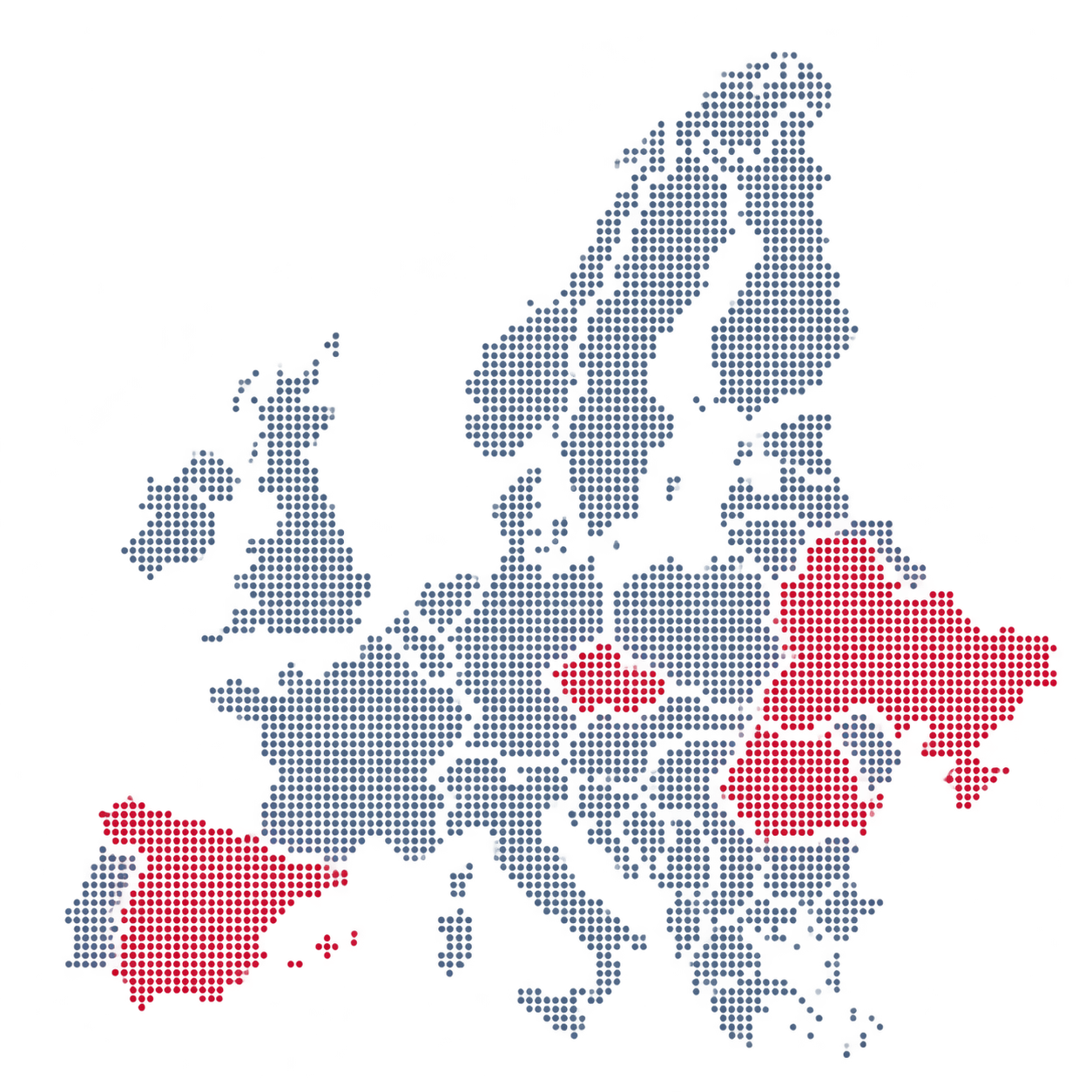 Mapa Evropy s pobočkami Fincollect ve Španělsku, Česku, na Ukrajině a v Rumunsku